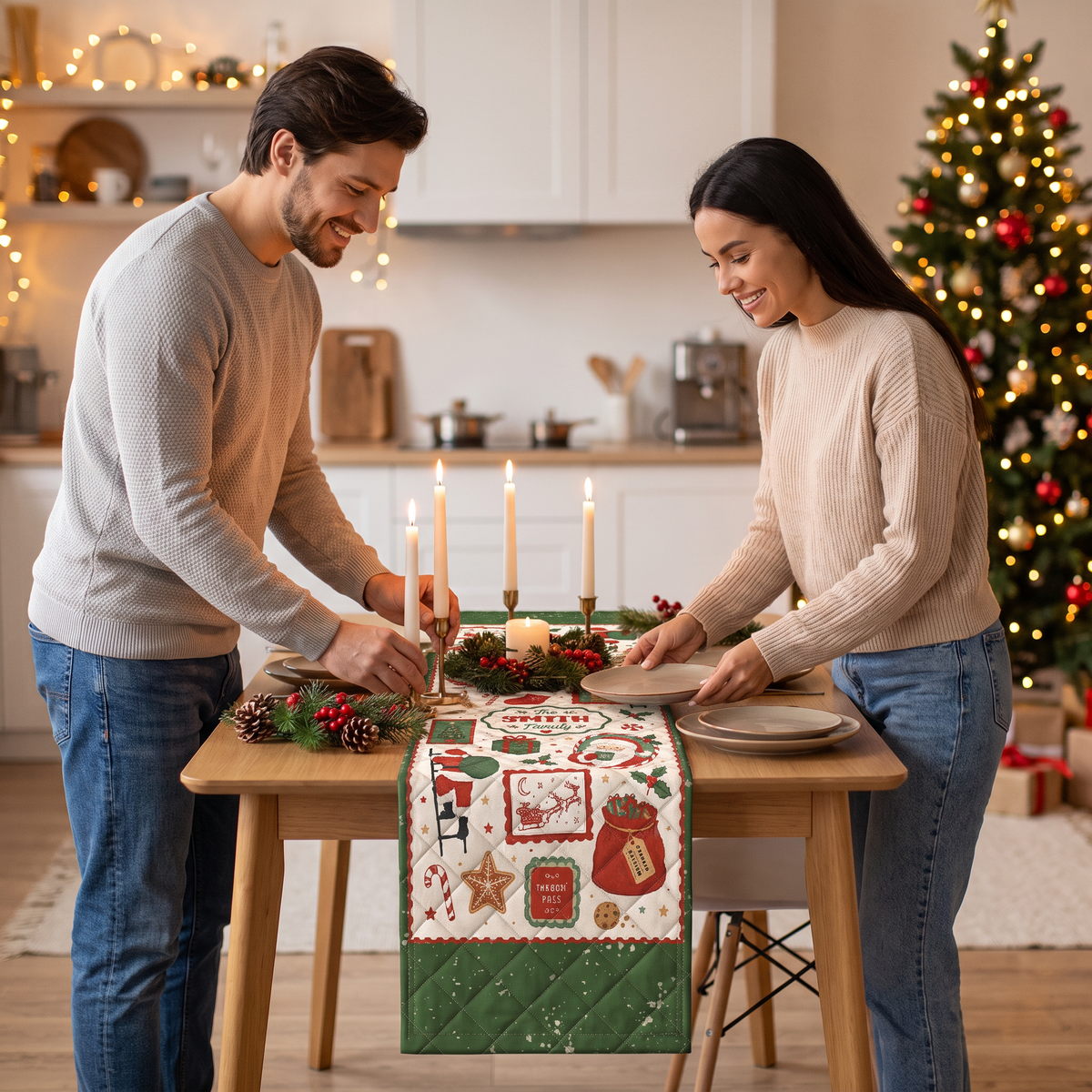 Personalized Santa Claus Night Before Christmas Quilt Table Runner, Custom Family Name North Pole Quilted Holiday Table Runner & Dining Decor