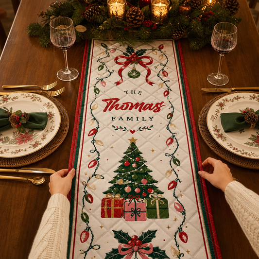 Hands placing a cream quilt runner with vintage Christmas light garland, red bows, decorated tree and custom family name
