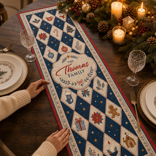 Hands placing a navy and cream argyle diamond quilt runner with holiday icons, red border and custom family name plaque