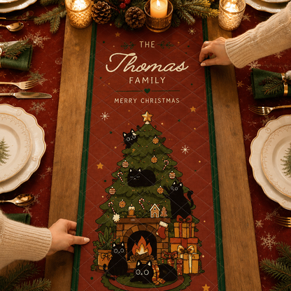 Personalized Black Cats Christmas Tree Quilt Table Runner, Custom Family Name Cozy Cat Holiday Quilted Table Runner & Dining Decor