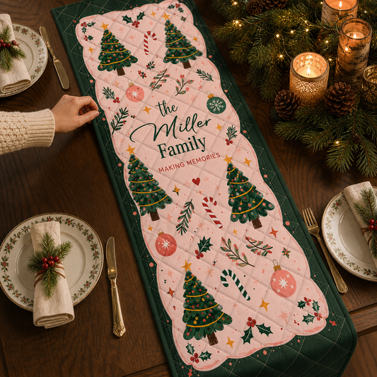 Hands placing a pink quilt runner with green border, Christmas trees, candy canes and custom family name Making Memories