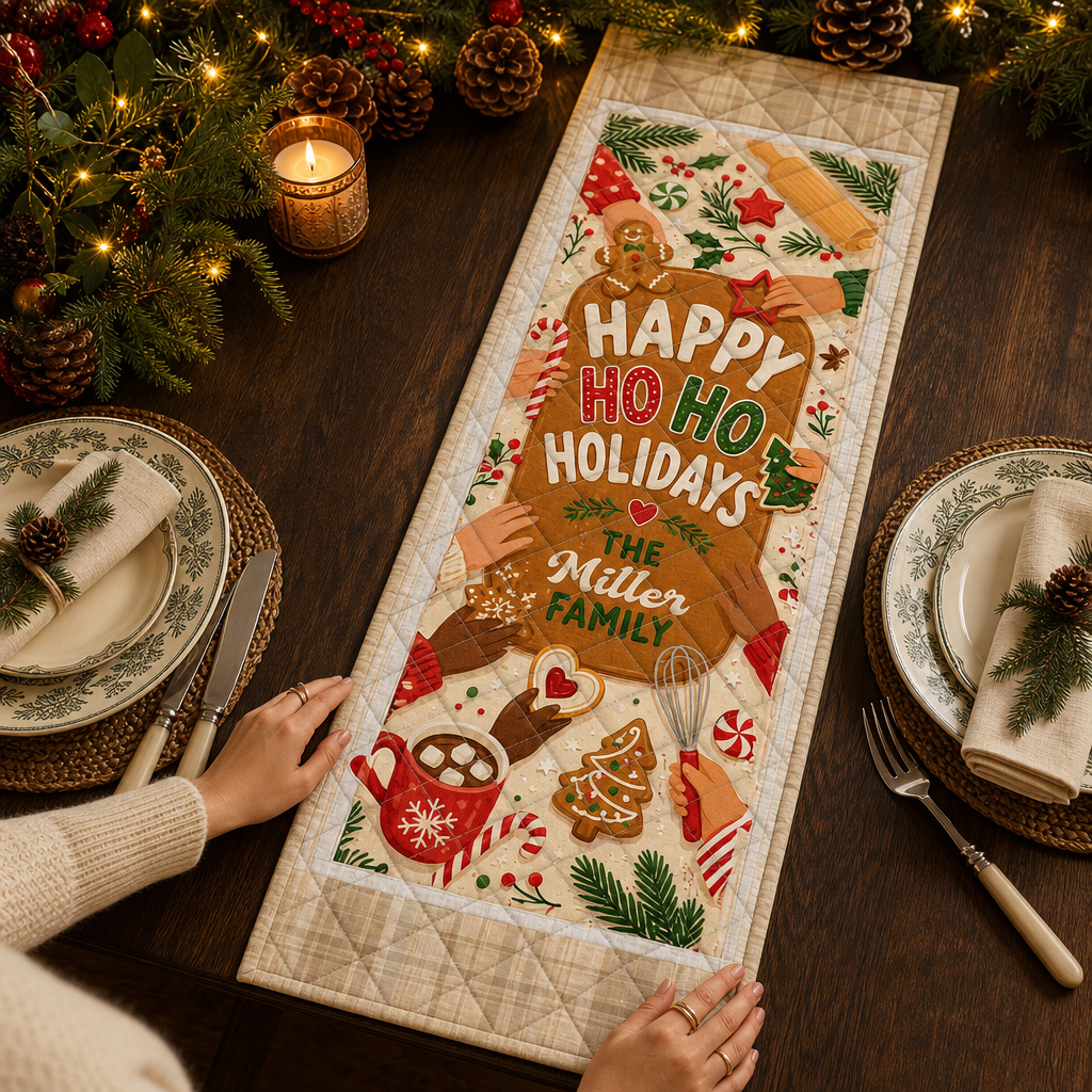 Personalized Holiday Baking Christmas Quilt Table Runner, Custom Family Name Happy Ho Ho Holidays Quilted Kitchen Table Runner & Dining Decor