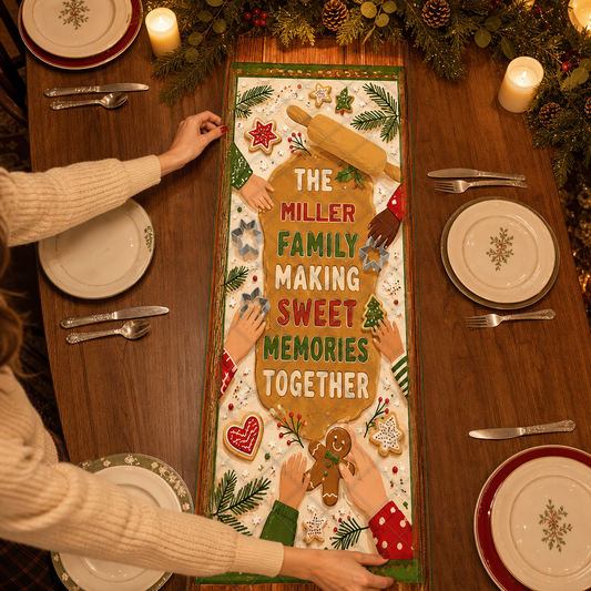 Hands placing a quilt table runner with custom family name Making Sweet Memories Together on cookie dough, rolling pin and gingerbread