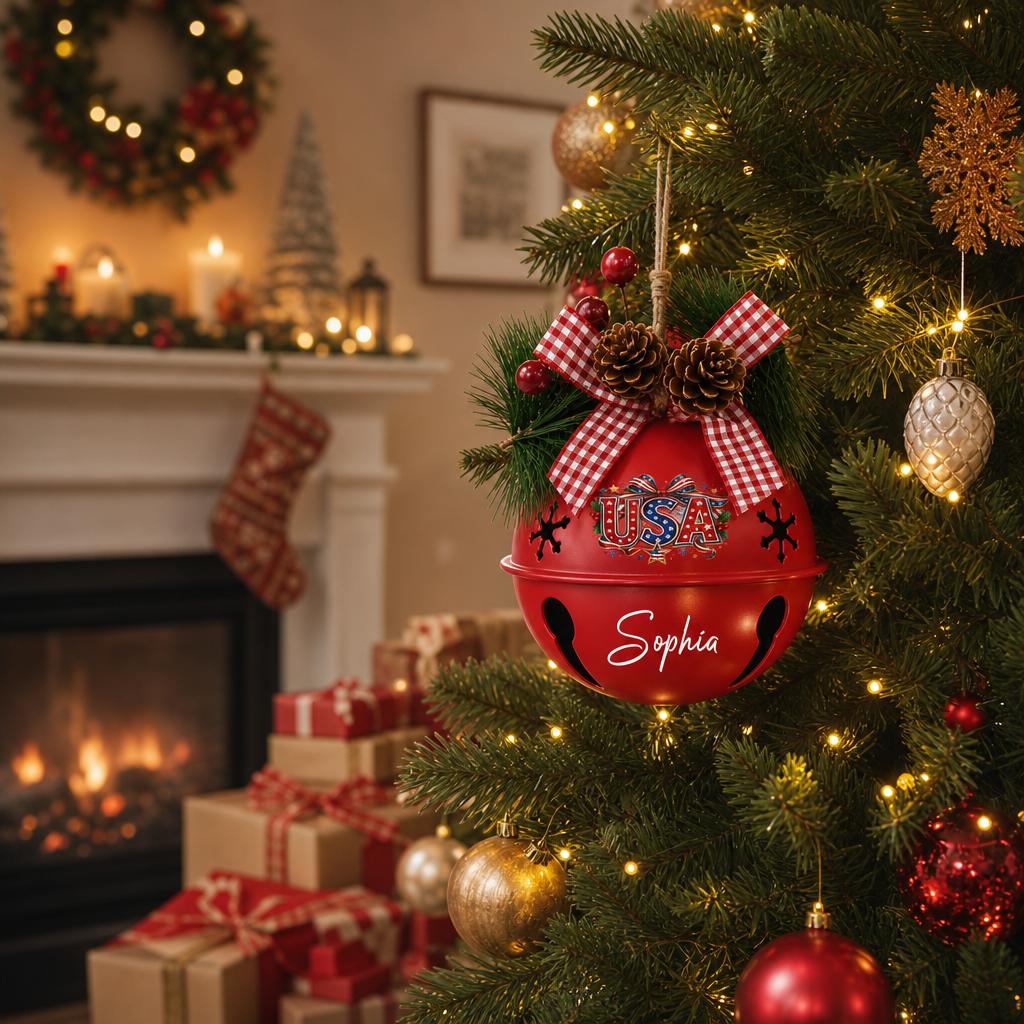 Personalized USA Red Jingle Bell Christmas Ornament, Custom Name Patriotic American Flag Holiday Tree Decor, Rustic Metal Bell with Bow & Pinecone Accents