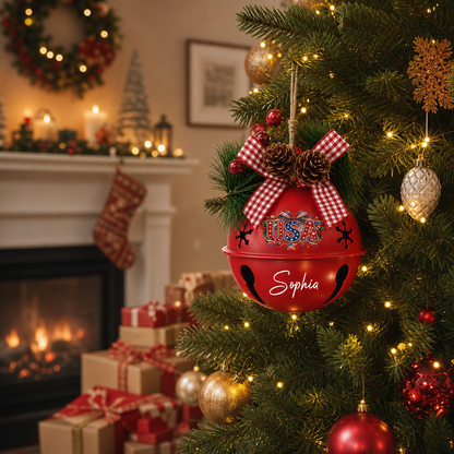 Personalized USA Red Jingle Bell Christmas Ornament, Custom Name Patriotic American Flag Holiday Tree Decor, Rustic Metal Bell with Bow & Pinecone Accents