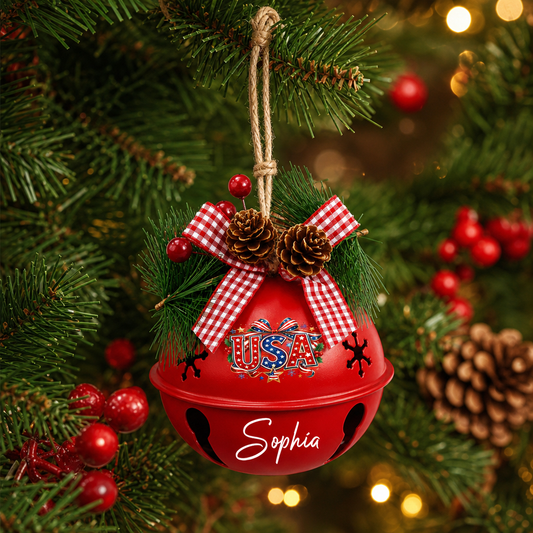 Personalized USA Red Jingle Bell Christmas Ornament, Custom Name Patriotic American Flag Holiday Tree Decor, Rustic Metal Bell with Bow & Pinecone Accents