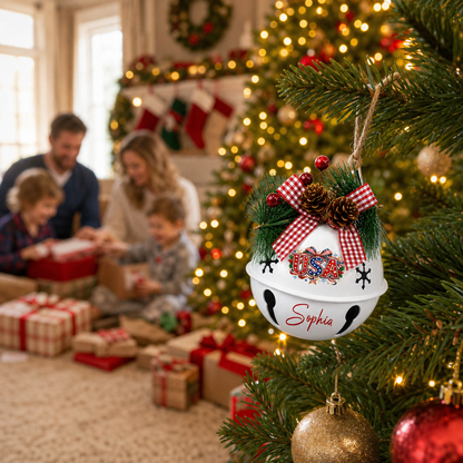 Personalized USA Red Jingle Bell Christmas Ornament, Custom Name Patriotic American Flag Holiday Tree Decor, Rustic Metal Bell with Bow & Pinecone Accents