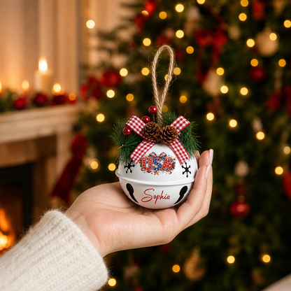 Personalized USA Red Jingle Bell Christmas Ornament, Custom Name Patriotic American Flag Holiday Tree Decor, Rustic Metal Bell with Bow & Pinecone Accents