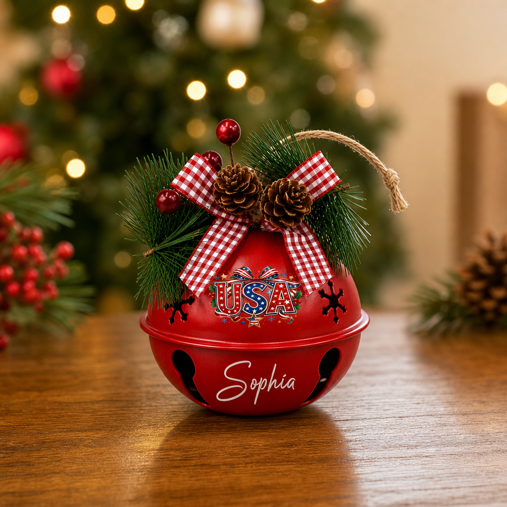 Personalized USA Red Jingle Bell Christmas Ornament, Custom Name Patriotic American Flag Holiday Tree Decor, Rustic Metal Bell with Bow & Pinecone Accents