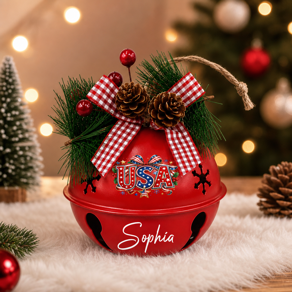 Personalized USA Red Jingle Bell Christmas Ornament, Custom Name Patriotic American Flag Holiday Tree Decor, Rustic Metal Bell with Bow & Pinecone Accents