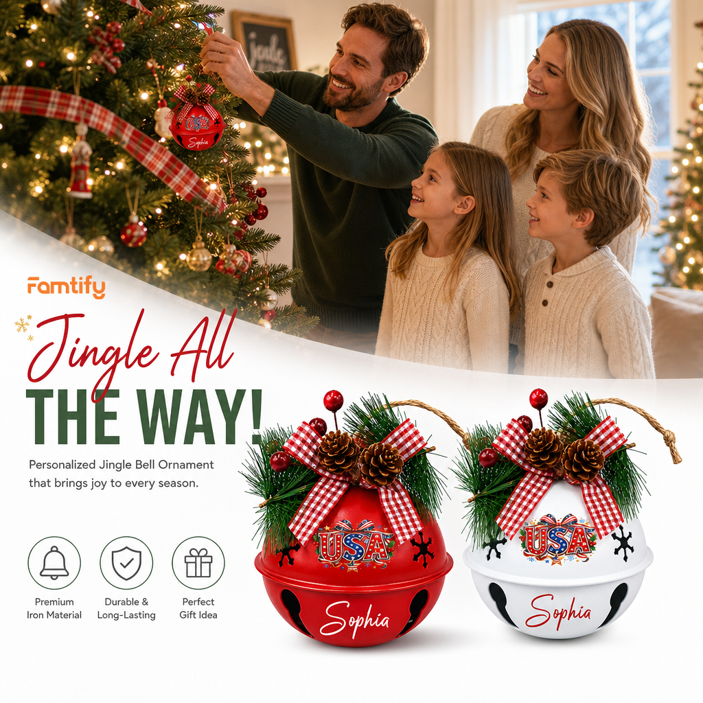 Personalized USA Red Jingle Bell Christmas Ornament, Custom Name Patriotic American Flag Holiday Tree Decor, Rustic Metal Bell with Bow & Pinecone Accents