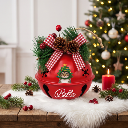 Personalized Christmas Tree Cat White Jingle Bell Ornament, Custom Cat Name Pet Lover Holiday Decor, Rustic Metal Bell with Bow & Pinecone Accents