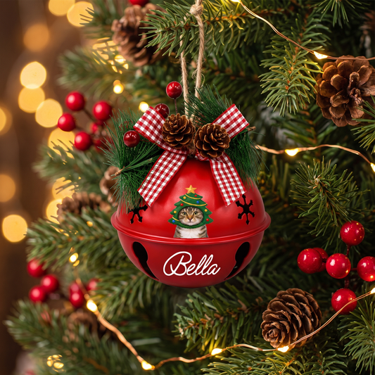 Custom photo Christmas tree pet jingle bell ornament with pet photo and name