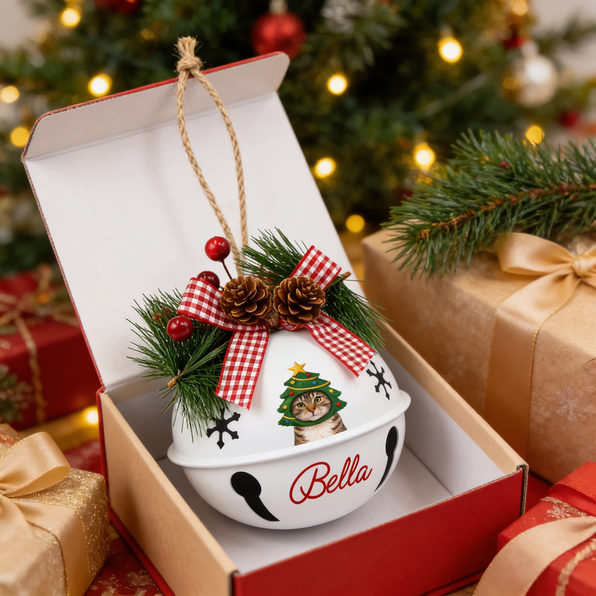 Personalized Christmas Tree Cat White Jingle Bell Ornament, Custom Cat Name Pet Lover Holiday Decor, Rustic Metal Bell with Bow & Pinecone Accents