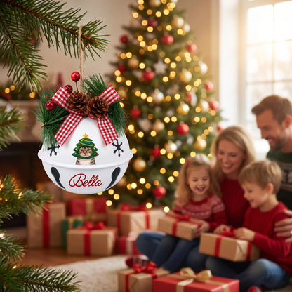 Personalized Christmas Tree Cat White Jingle Bell Ornament, Custom Cat Name Pet Lover Holiday Decor, Rustic Metal Bell with Bow & Pinecone Accents