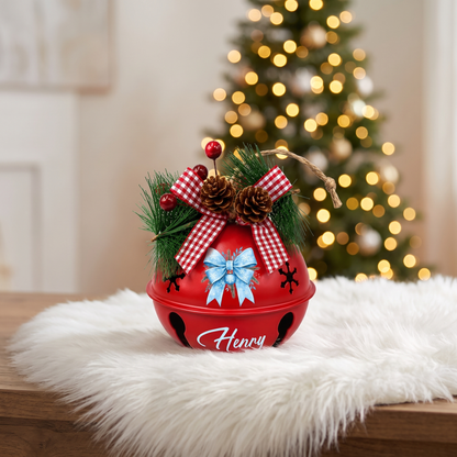 Personalized Winter Blue Ribbon White Jingle Bell Ornament, Custom Name Snowflake Holiday Tree Decor, Rustic Metal Bell with Bow & Pinecone Accents