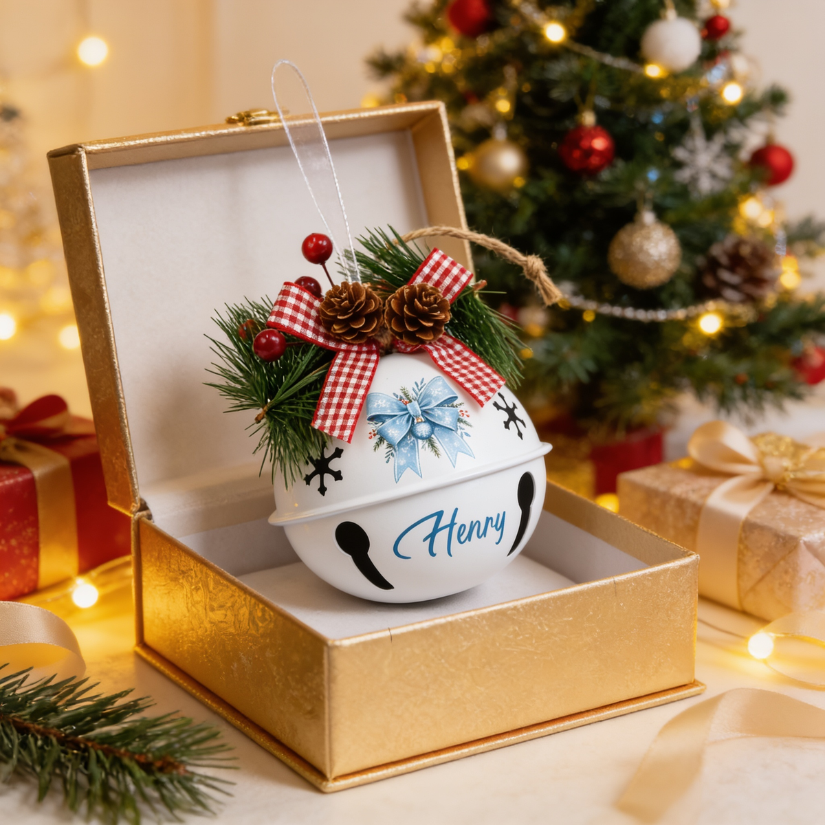 Personalized Winter Blue Ribbon White Jingle Bell Ornament, Custom Name Snowflake Holiday Tree Decor, Rustic Metal Bell with Bow & Pinecone Accents