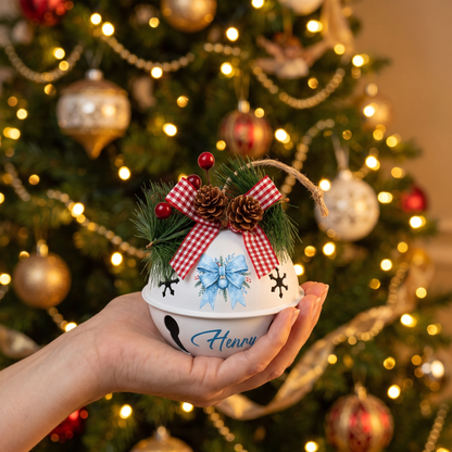 Personalized Winter Blue Ribbon White Jingle Bell Ornament, Custom Name Snowflake Holiday Tree Decor, Rustic Metal Bell with Bow & Pinecone Accents