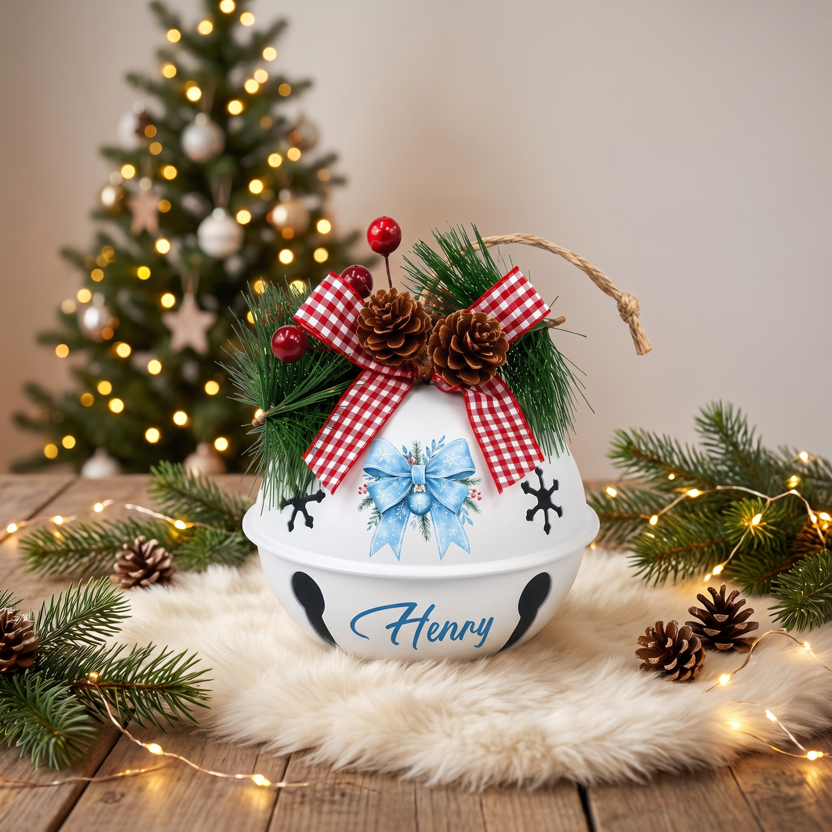 Personalized Winter Blue Ribbon White Jingle Bell Ornament, Custom Name Snowflake Holiday Tree Decor, Rustic Metal Bell with Bow & Pinecone Accents