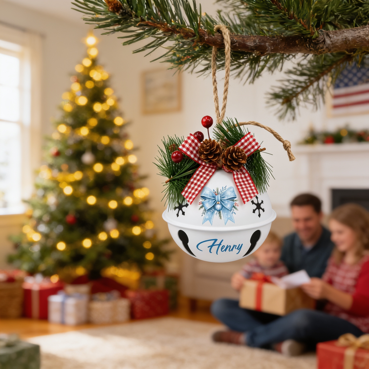 Personalized Winter Blue Ribbon White Jingle Bell Ornament, Custom Name Snowflake Holiday Tree Decor, Rustic Metal Bell with Bow & Pinecone Accents
