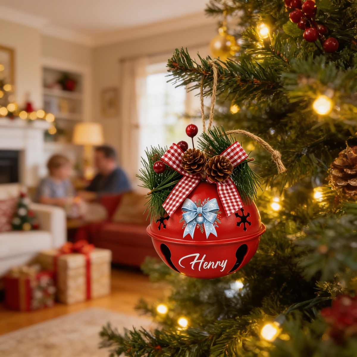Personalized Winter Blue Ribbon White Jingle Bell Ornament, Custom Name Snowflake Holiday Tree Decor, Rustic Metal Bell with Bow & Pinecone Accents
