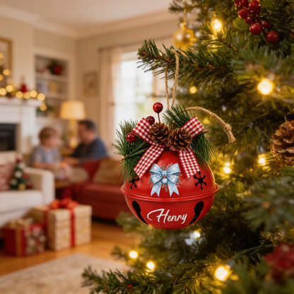 Personalized Winter Blue Ribbon White Jingle Bell Ornament, Custom Name Snowflake Holiday Tree Decor, Rustic Metal Bell with Bow & Pinecone Accents