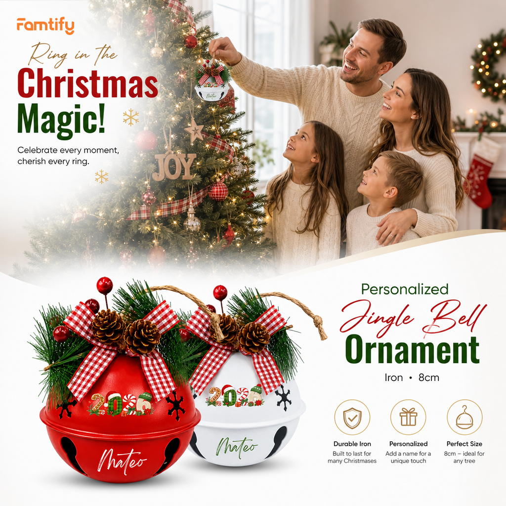 Personalized Christmas 2026 Gingerbread White Jingle Bell Ornament, Custom Name Holiday Keepsake Tree Decor, Rustic Metal Bell with Bow & Pinecone Accents