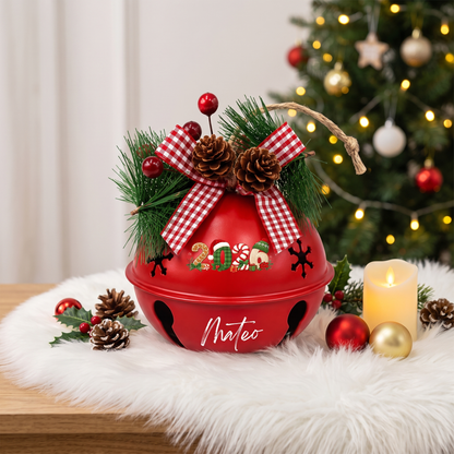 Personalized Christmas 2026 Gingerbread White Jingle Bell Ornament, Custom Name Holiday Keepsake Tree Decor, Rustic Metal Bell with Bow & Pinecone Accents