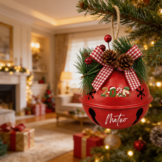 Personalized Christmas 2026 Gingerbread White Jingle Bell Ornament, Custom Name Holiday Keepsake Tree Decor, Rustic Metal Bell with Bow & Pinecone Accents