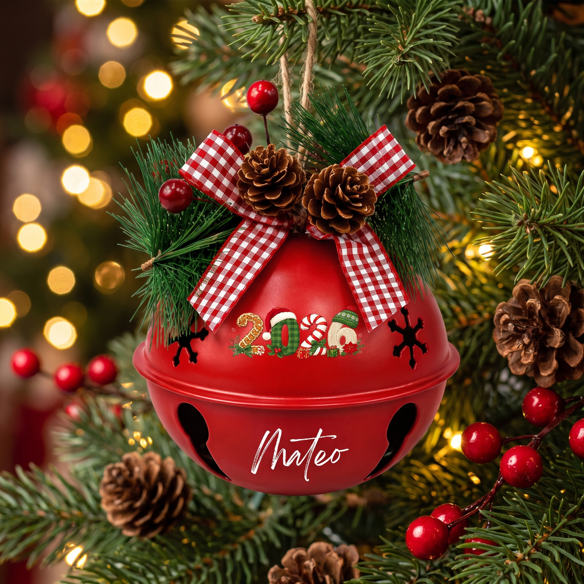 Personalized Christmas 2026 Gingerbread White Jingle Bell Ornament, Custom Name Holiday Keepsake Tree Decor, Rustic Metal Bell with Bow & Pinecone Accents