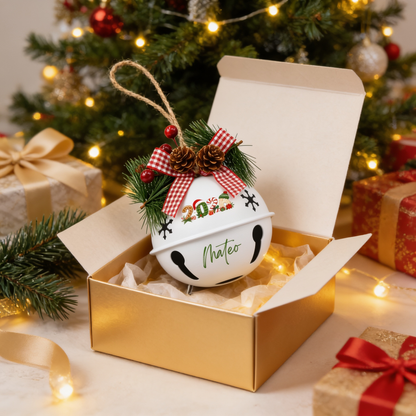Personalized Christmas 2026 Gingerbread White Jingle Bell Ornament, Custom Name Holiday Keepsake Tree Decor, Rustic Metal Bell with Bow & Pinecone Accents