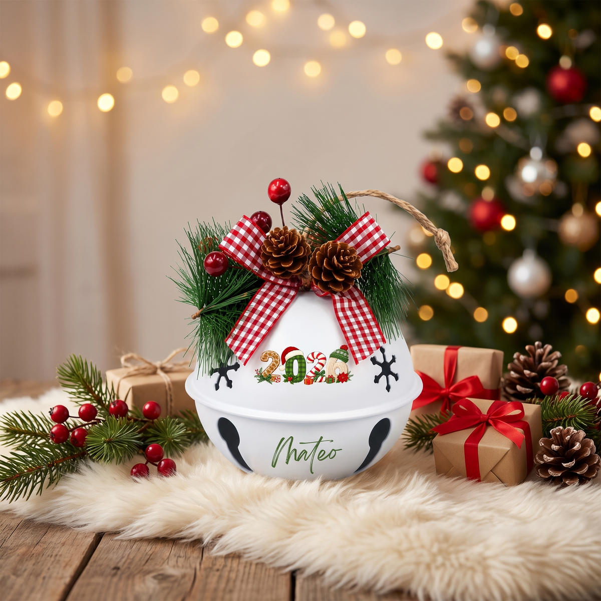 Personalized Christmas 2026 Gingerbread White Jingle Bell Ornament, Custom Name Holiday Keepsake Tree Decor, Rustic Metal Bell with Bow & Pinecone Accents