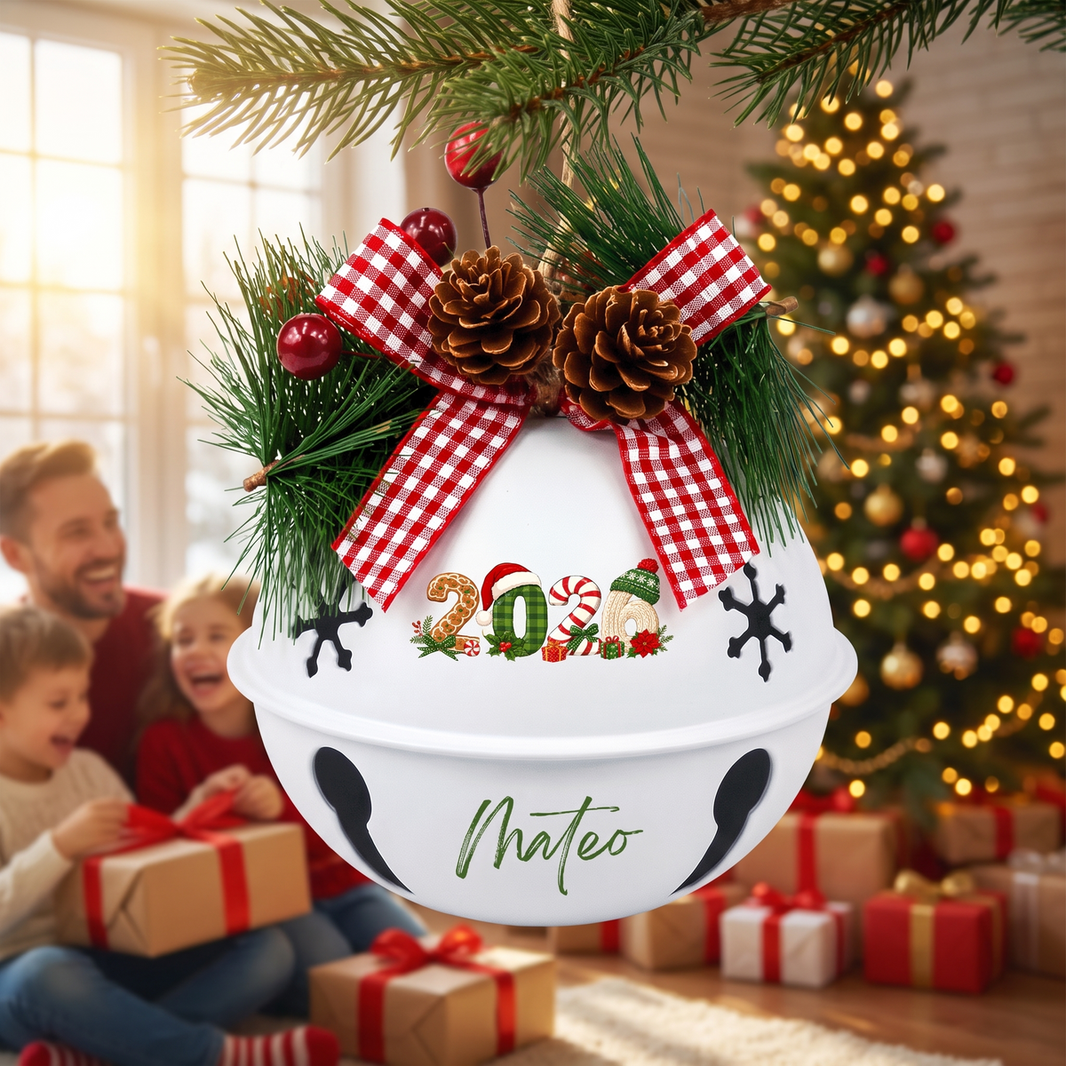 Personalized Christmas 2026 Gingerbread White Jingle Bell Ornament, Custom Name Holiday Keepsake Tree Decor, Rustic Metal Bell with Bow & Pinecone Accents