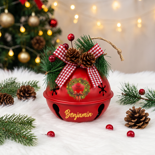 Personalized Merry Christmas Wreath White Jingle Bell Ornament, Custom Name Pine Wreath Holiday Tree Decor, Rustic Metal Bell with Bow & Pinecone Accents