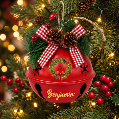 Personalized Merry Christmas Wreath White Jingle Bell Ornament, Custom Name Pine Wreath Holiday Tree Decor, Rustic Metal Bell with Bow & Pinecone Accents