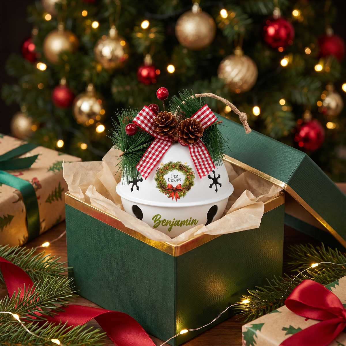Personalized Merry Christmas Wreath White Jingle Bell Ornament, Custom Name Pine Wreath Holiday Tree Decor, Rustic Metal Bell with Bow & Pinecone Accents