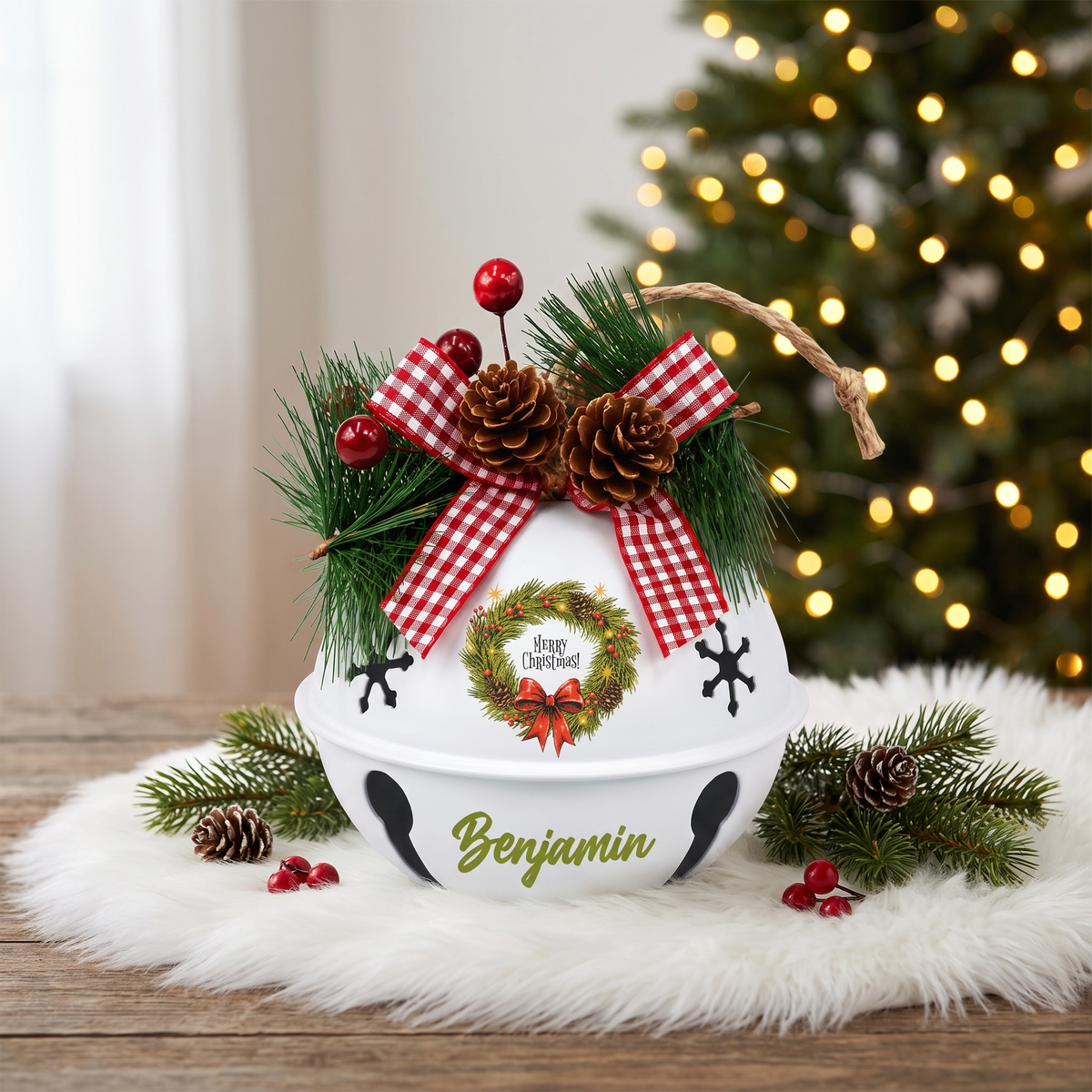 Personalized Merry Christmas Wreath White Jingle Bell Ornament, Custom Name Pine Wreath Holiday Tree Decor, Rustic Metal Bell with Bow & Pinecone Accents