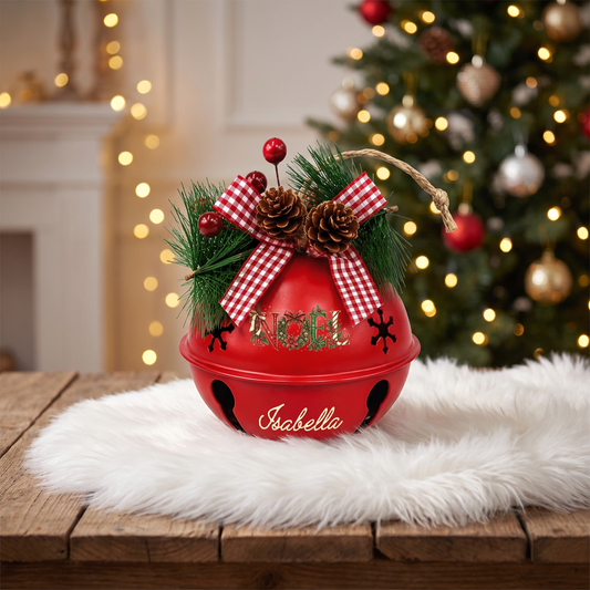Personalized NOEL Floral White Jingle Bell Ornament, Custom Name Festive Wreath Christmas Tree Decor, Rustic Metal Bell with Bow & Pinecone Accents
