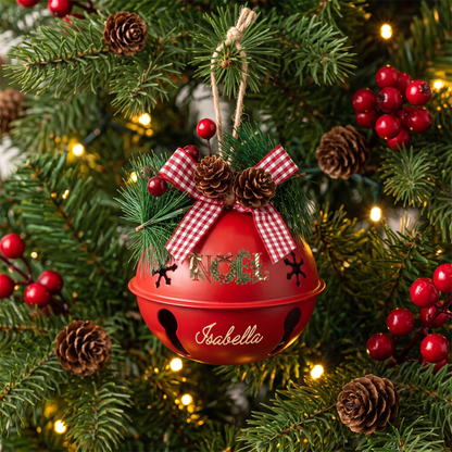 Personalized NOEL Floral White Jingle Bell Ornament, Custom Name Festive Wreath Christmas Tree Decor, Rustic Metal Bell with Bow & Pinecone Accents