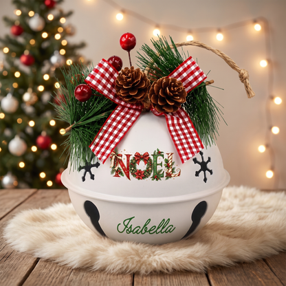 Personalized NOEL Floral White Jingle Bell Ornament, Custom Name Festive Wreath Christmas Tree Decor, Rustic Metal Bell with Bow & Pinecone Accents
