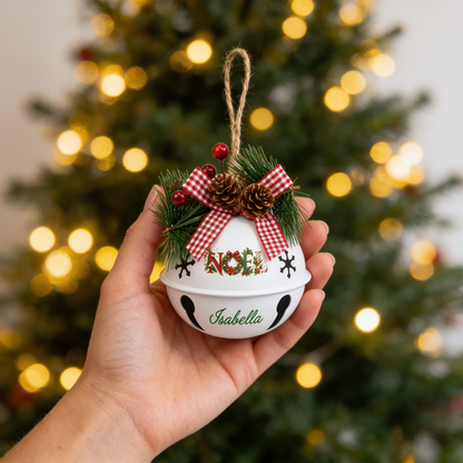 Personalized NOEL Floral White Jingle Bell Ornament, Custom Name Festive Wreath Christmas Tree Decor, Rustic Metal Bell with Bow & Pinecone Accents