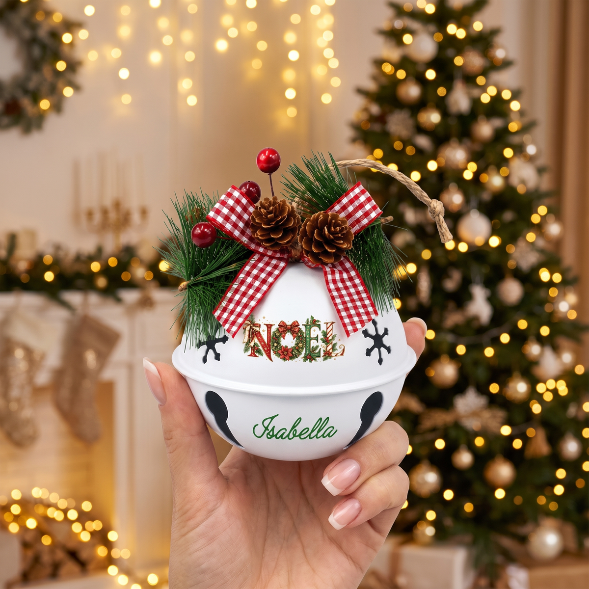 Personalized NOEL Floral White Jingle Bell Ornament, Custom Name Festive Wreath Christmas Tree Decor, Rustic Metal Bell with Bow & Pinecone Accents