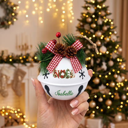 Personalized NOEL Floral White Jingle Bell Ornament, Custom Name Festive Wreath Christmas Tree Decor, Rustic Metal Bell with Bow & Pinecone Accents