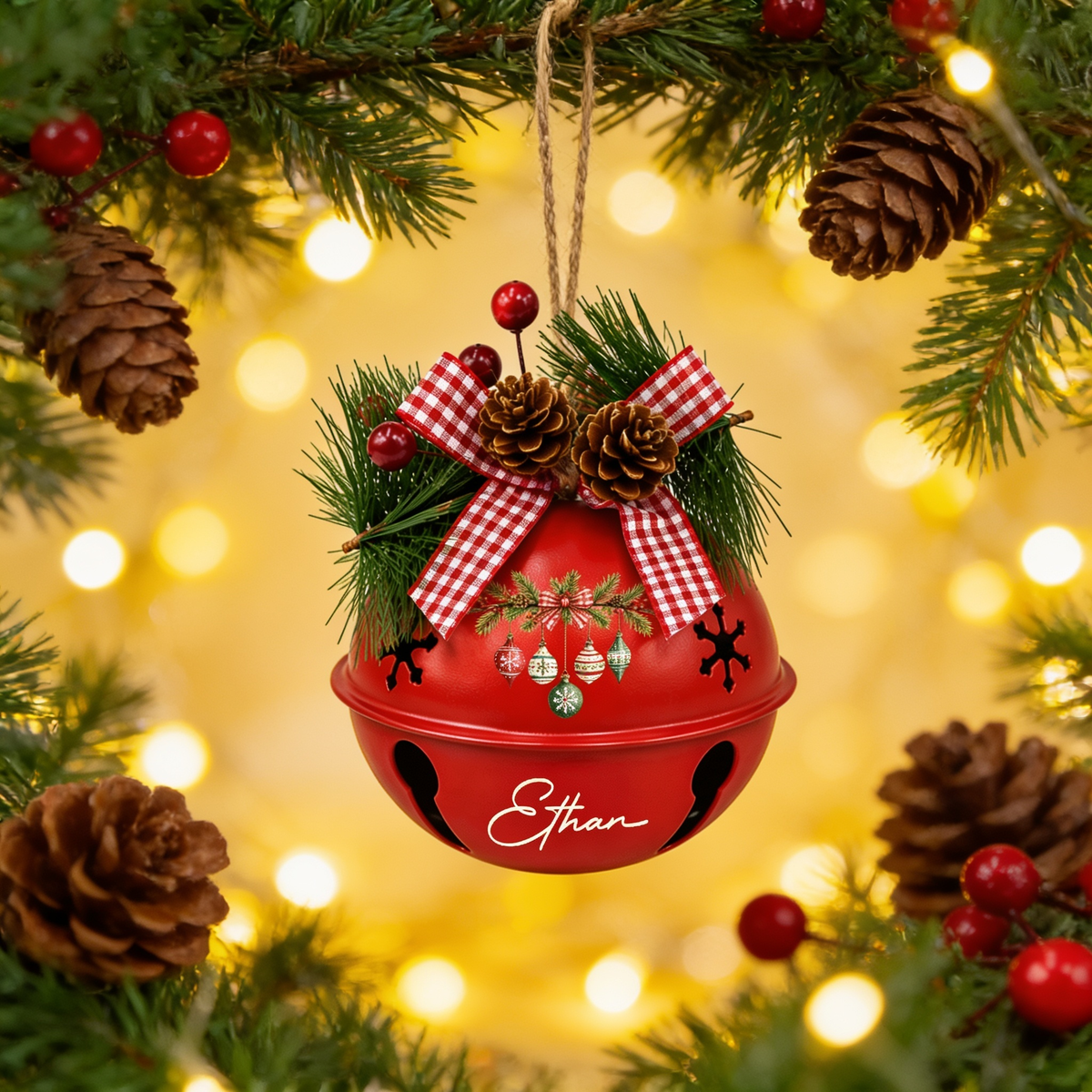 Personalized Hanging Ornaments White Jingle Bell Ornament, Custom Name Vintage Baubles Christmas Tree Decor, Rustic Metal Bell with Bow & Pinecone Accents