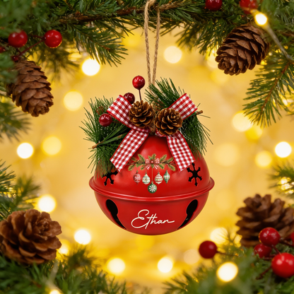 Personalized Hanging Ornaments White Jingle Bell Ornament, Custom Name Vintage Baubles Christmas Tree Decor, Rustic Metal Bell with Bow & Pinecone Accents