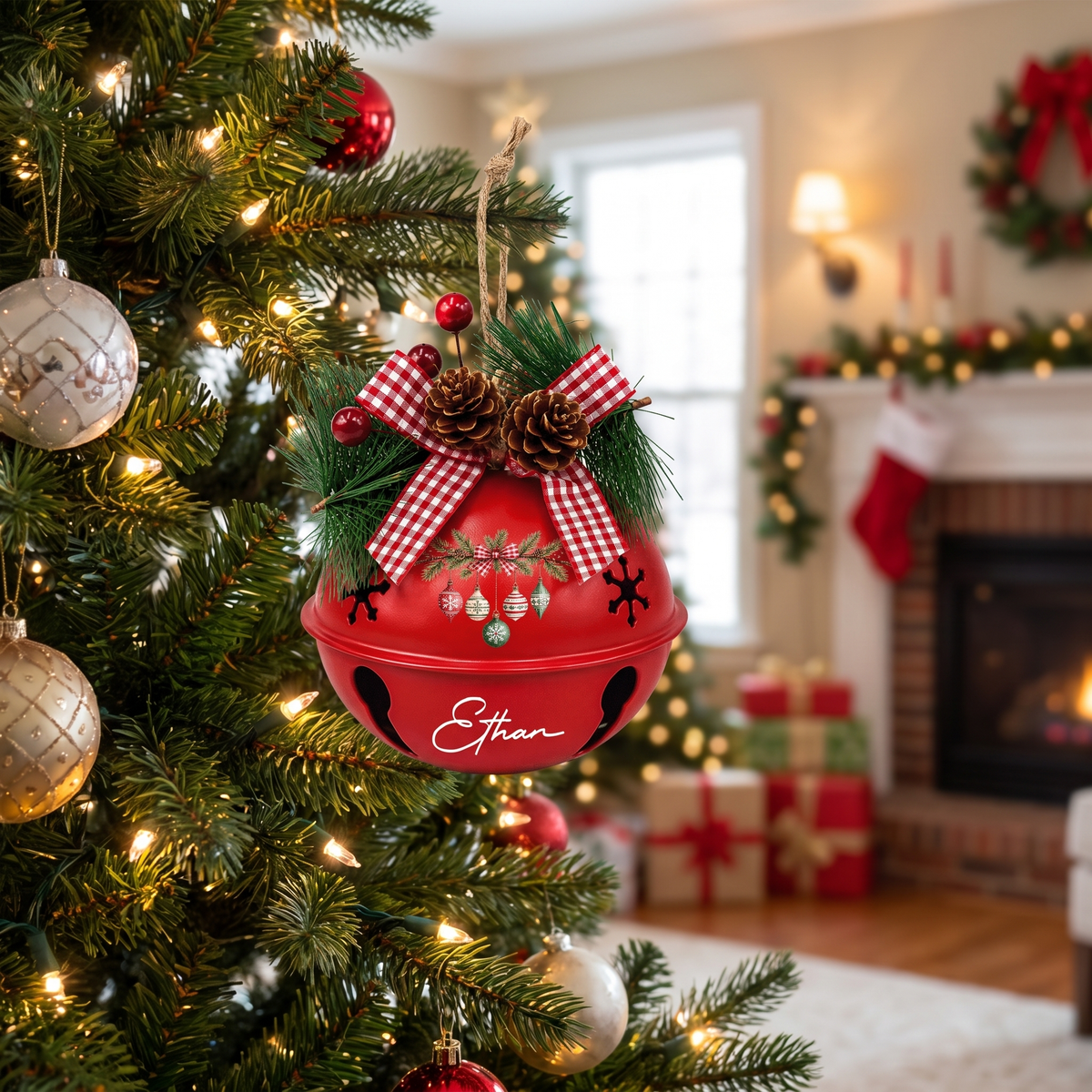 Personalized Hanging Ornaments White Jingle Bell Ornament, Custom Name Vintage Baubles Christmas Tree Decor, Rustic Metal Bell with Bow & Pinecone Accents