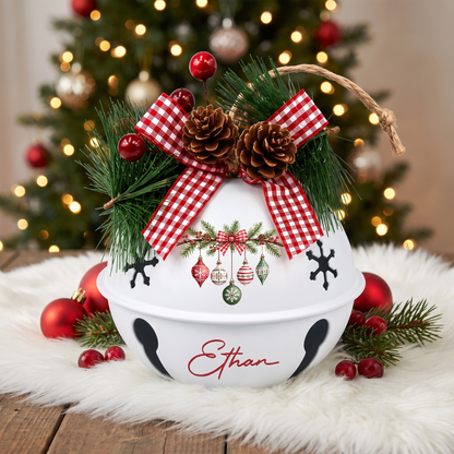 Personalized Hanging Ornaments White Jingle Bell Ornament, Custom Name Vintage Baubles Christmas Tree Decor, Rustic Metal Bell with Bow & Pinecone Accents
