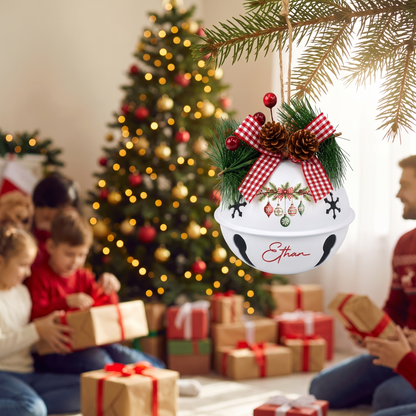 Personalized Hanging Ornaments White Jingle Bell Ornament, Custom Name Vintage Baubles Christmas Tree Decor, Rustic Metal Bell with Bow & Pinecone Accents