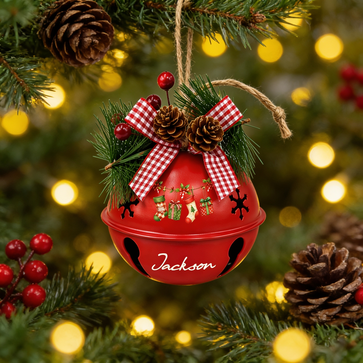 Personalized Christmas stockings jingle bell ornament with custom name
