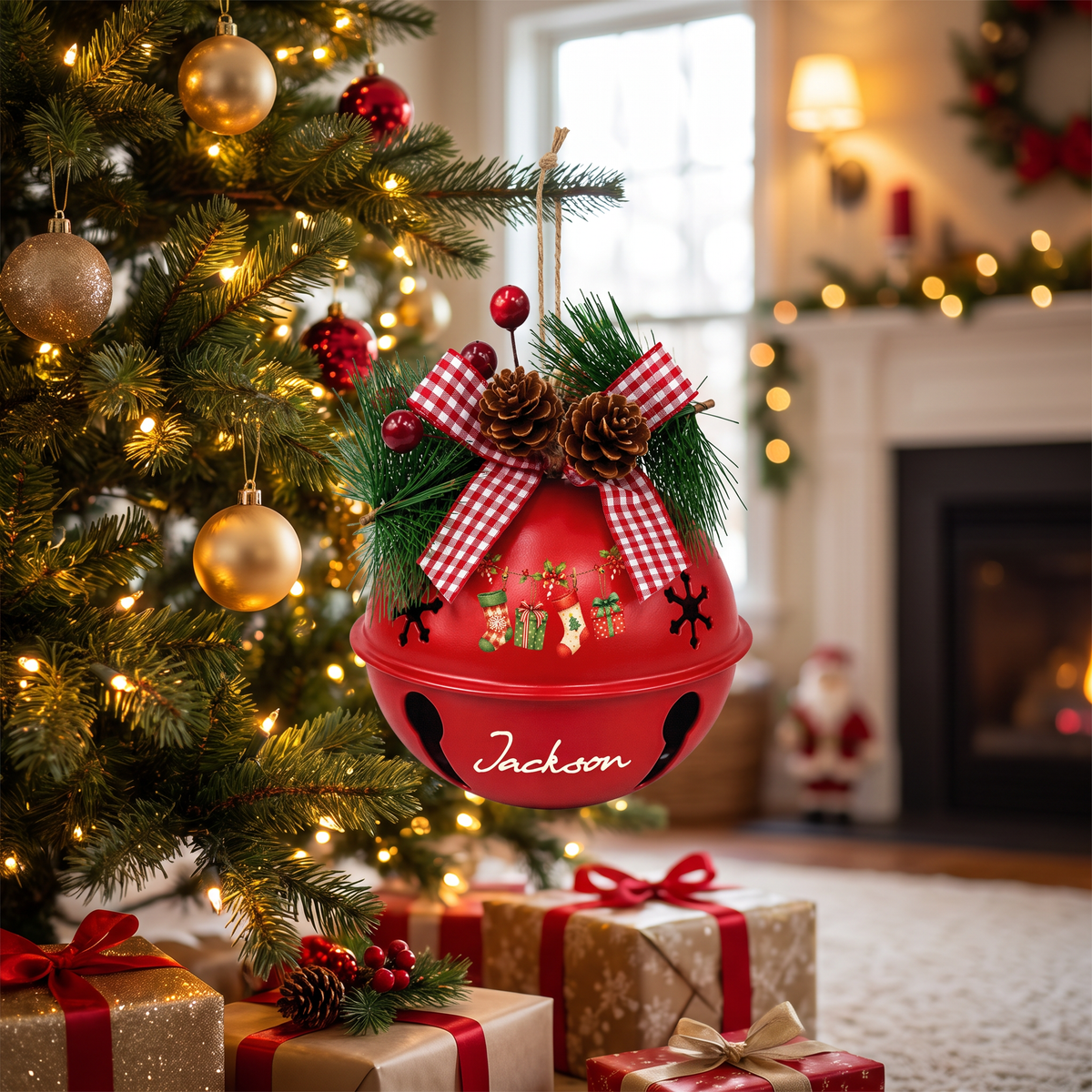 Personalized Christmas stockings jingle bell ornament with custom name
